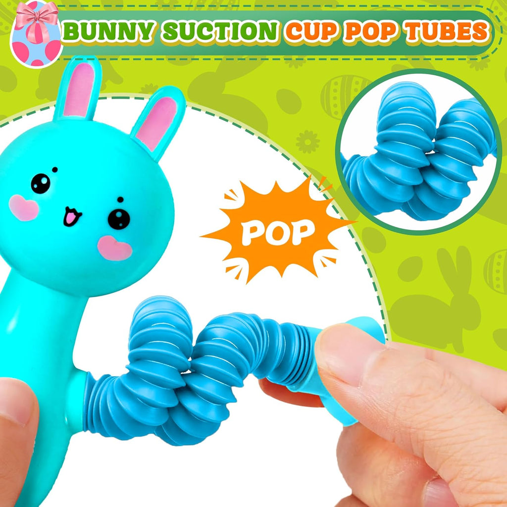 Sensory Travel Toys Easter Basket Stuffer Gift for Toddlers Kid Boy Year Old Ages 3+, Airplane Activities Suction Autism Pop Tube Fidget Toys Autistic Items Valentine for Kids (4pc-Rabbit)