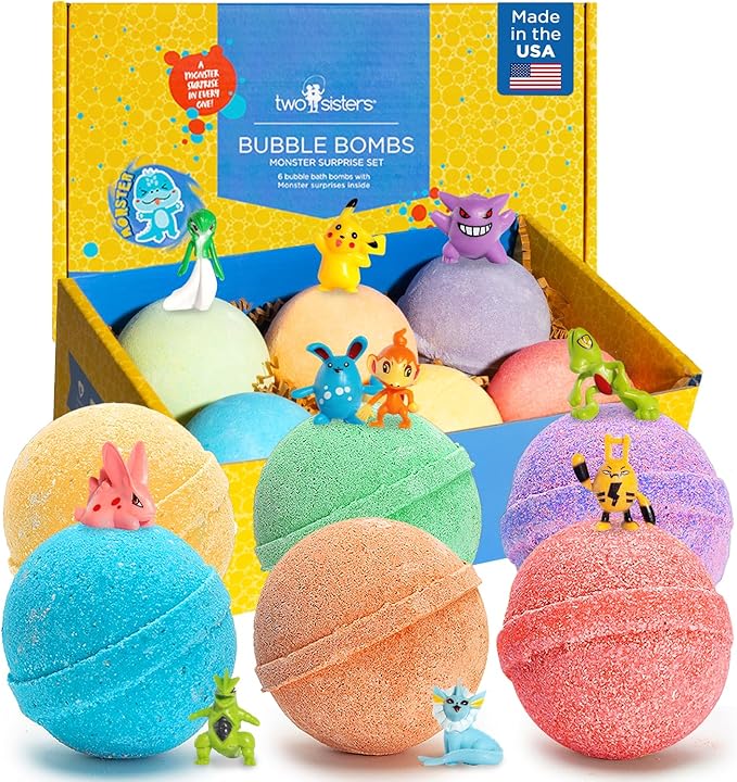 Pocket Beasts Bath Bombs for Kids with Surprise Inside (6 Pack) - Large Bubble Bath Bomb for Boys & Girls - Fruity Scent, Skin-Safe, USA Made, Birthday & Holiday Gift by Two Sisters