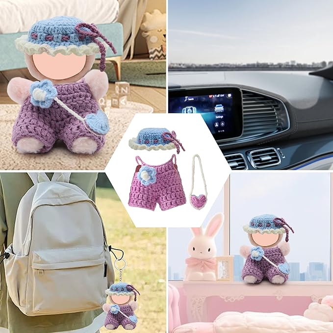 17cm Doll Clothes - Pure Handmade 17cm Doll Accessories with Crocheted Overalls, Heart Bag and Hat