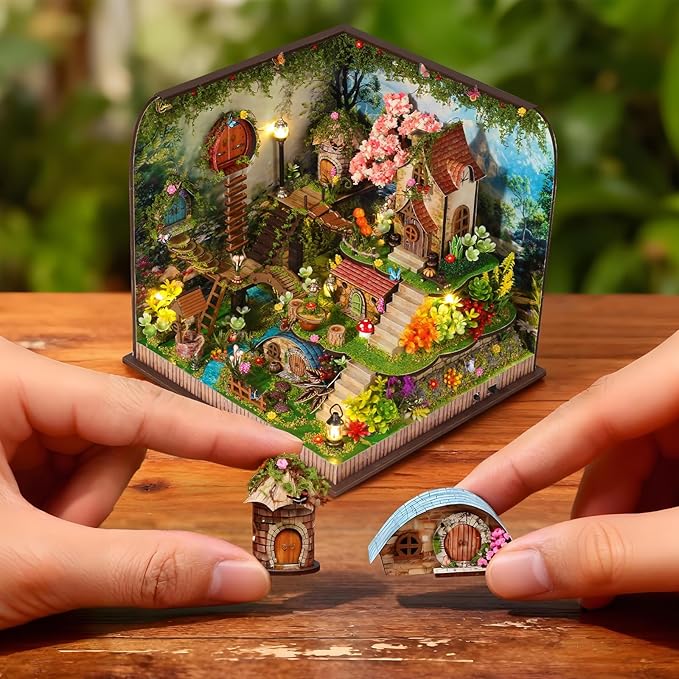 DIY Miniature House Kit, Forest Book Nook Kit with Music, 3D Wooden Puzzles for Adults, Dollhouse Kit with LED Light, Mini Building Kit, Craft Kit for Adults Teen to Build (Forest Garden)