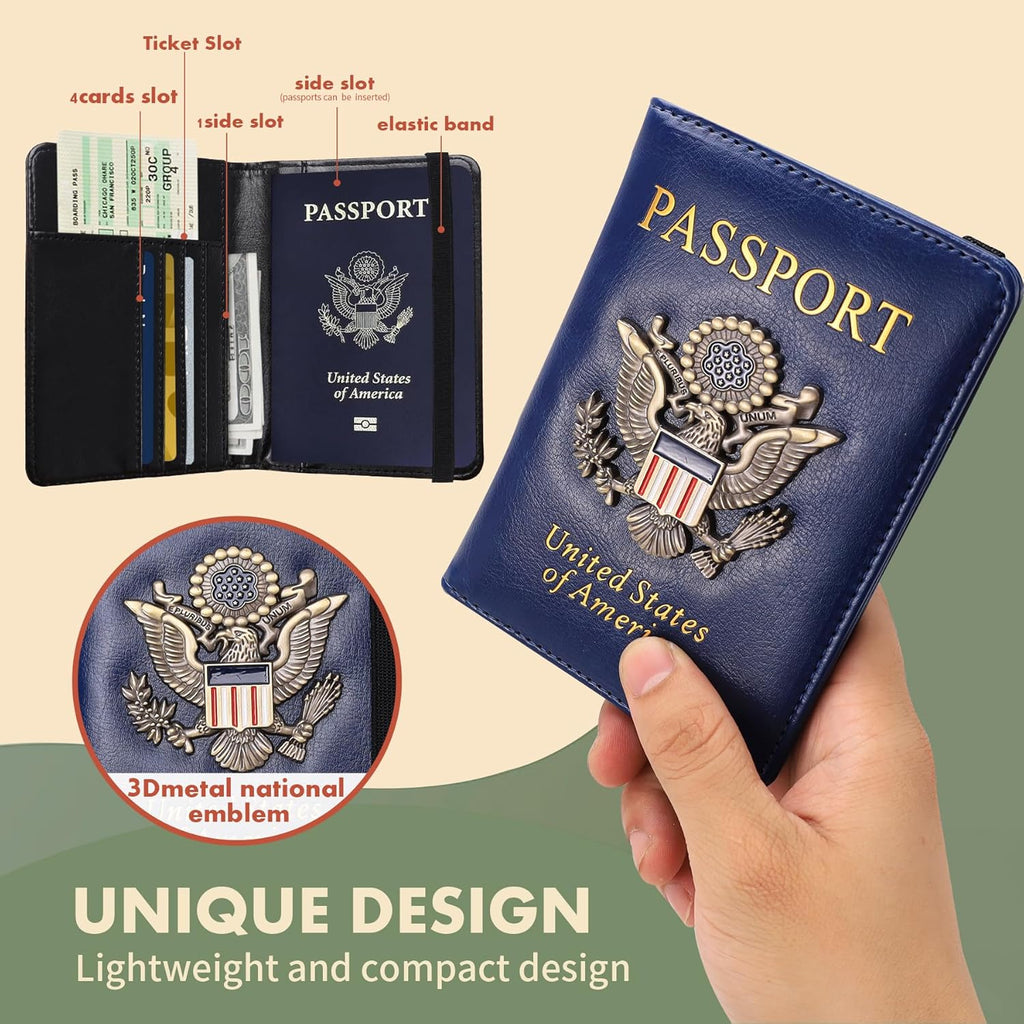 2 pieces Passport Holder and Card Slot Combo RFID Blocking Leather Family Travel Passport Wallet Travel Accessories for Men Women (Blue and black)