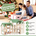 Costzon Wooden Dollhouse for Kids, 3-Story Luxury Doll House with 36 Pieces Furniture Accessories, 7 Rooms, Stairs & Balcony, DIY Pretend Dollhouse Playset, Gift for Girls Toddlers Ages 3+ (Green)