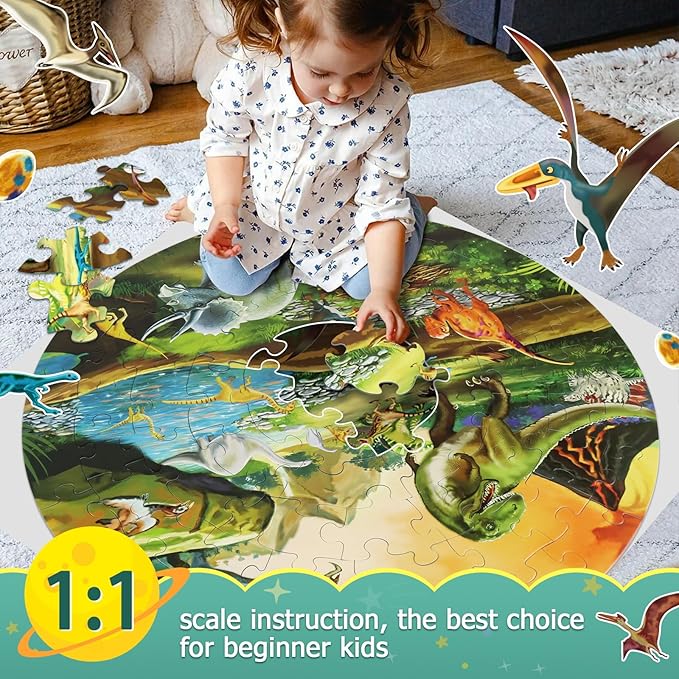 Floor Puzzles for Kids Ages 3-8, 70 Piece Dinosaur Jigsaw Puzzle for Kids Ages 3+ Year Old Large Round Toddler Puzzles Preschool Learning Educational Toys Gift for Boys Girls (Tyrannosaurus)