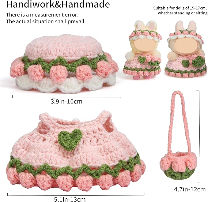 Handmade Crochet 17cm Doll Clothes - 3PCS Doll Outfites Include Hats and Bag, Cute Dolls Clothing Adorable Dress Up 15cm/17cm Dolls Accessories for Gift (Pink)