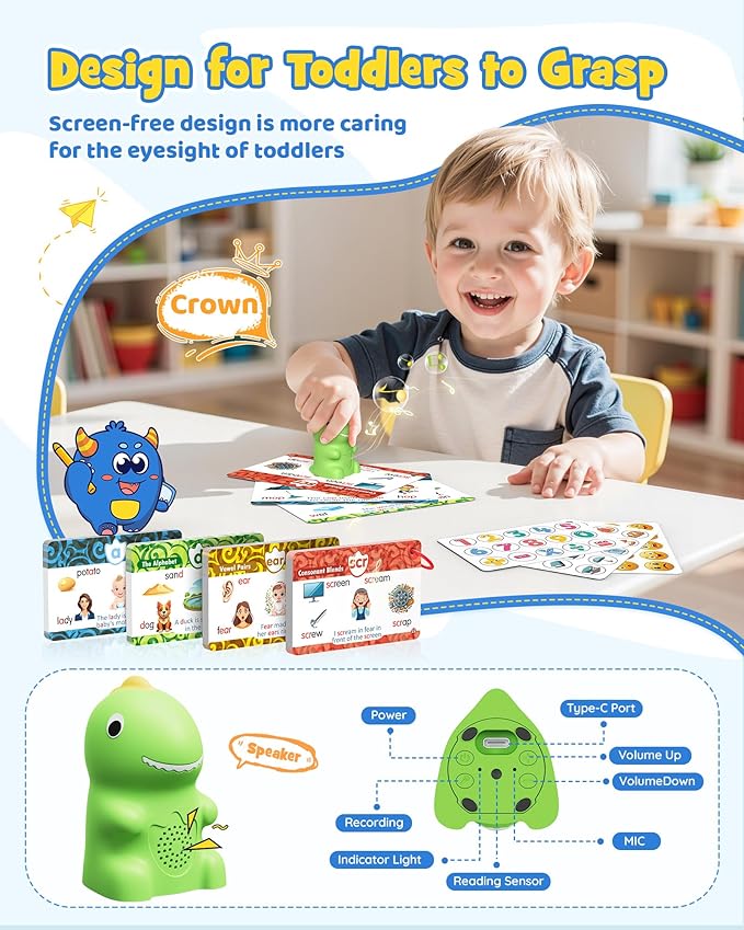 Montessori Toys for Kids Reading Set: Dinosaur Talking Pen with 73PCS FlashCard&6 Stickers, Montessori Language Learning Speech Therapy Toys, Autism Sensory Interactive Educational Gifts for Boy Girl
