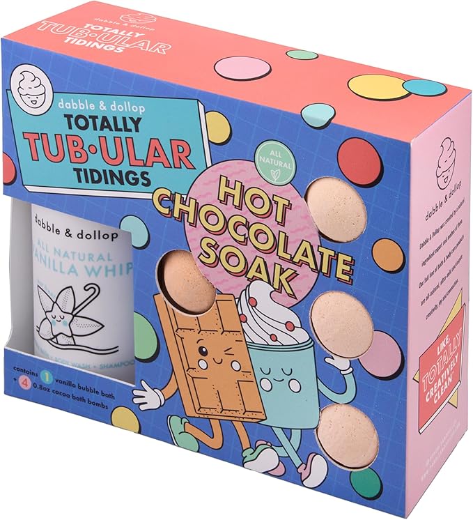 Dabble & Dollop Totally Tub-ular Tidings Hot Chocolate Soak - Holiday Bath Gift Set with 4 All-Natural Cocoa Bath Bombs and Vanilla Whip 3-in-1 Bubble Bath, Body Wash & Shampoo
