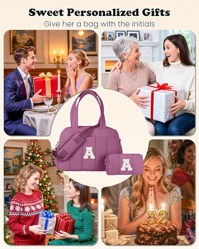 Duffle Bag with Initial, Spend The Night Bags for Women，Sweet Gift-Overnight Bag with Wet Pocket，Lightweight Travel Bags Personalized Gym Tote with Makeup Pouch
