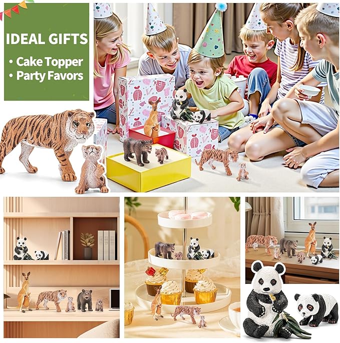 8PCS Safari Zoo Animals Figurines Toys, Realistic Plastic Mom and Baby Cubs Figures, Includes Panda,Grizzly Bear,Kangaroo,Tiger, Educational Learning Playset for Kids Boys Girls
