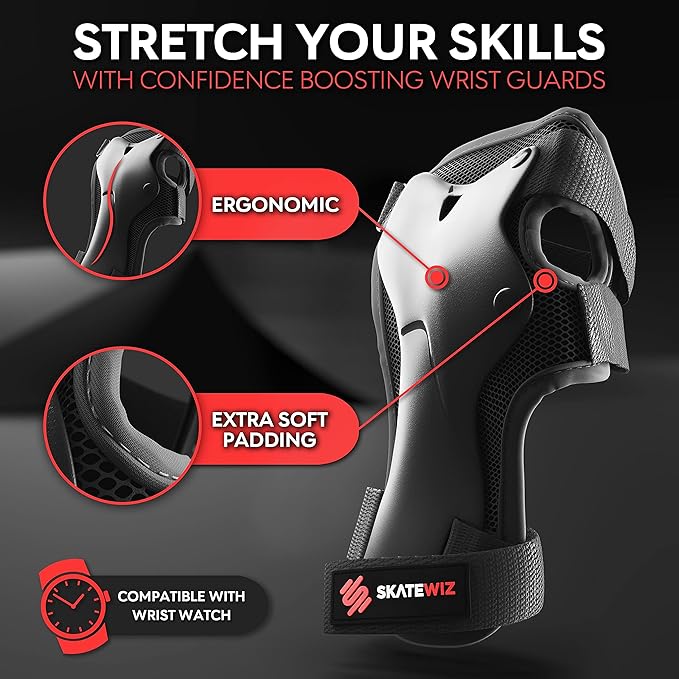 SKATEWIZ Skateboard Pads Protective Gear Set for Kids - Smash - Roller Skate Pads [6pc] - Elbow Pads Roller Derby and Knee Pads Kids Skating with Wrist Guards for Kids and Adults