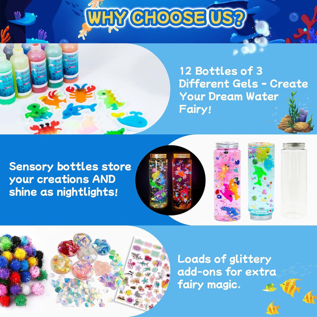 Make 3 Sensory Bottle, Glow-in-The-Dark Magic Gel Water Fairy Toy, DIY 100+ Aqua Water Squishy kit with 18 Shape Molds, 100ml Gels, 5L Bucket, Shell, Glitter, Pom-Poms, Arts Crafts for Kids