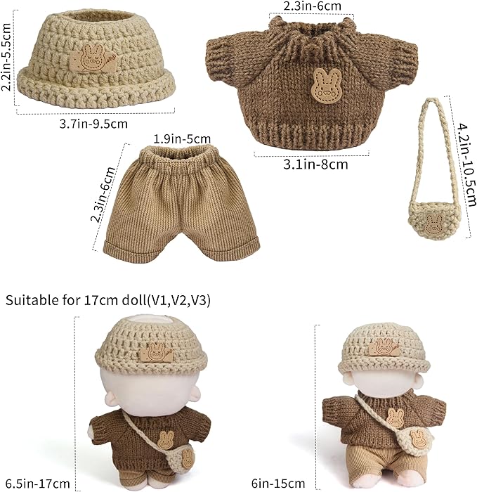 17cm Doll Clothes - 11 Piece Handcrafted Crochet Sweaters Outfit with Accessories Hand Crocheted Hat, Bag, Boys and Girls Stylish Adorable Dolls Clothing Accessories for 17 cm Doll