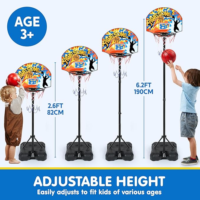 JOYIN Kids Basketball Hoop, Adjustable Height 2.8 ft-6.2 ft Toddler Basketball Hoop for Kids Indoor Outdoor Play Portable Basket Ball for Boys Girls Age 3 4 5 6 7 8 Gift