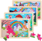 NASHRIO Wooden Educational Jigsaw Puzzles for Preschool Kids Ages 3-5, 4-Pack with 20 Pieces Unicorn Princess Wood Puzzles Set, Toddler Brain Teaser Toys, Preschool Gifts for Boys Girls Ages 3 4 5 6