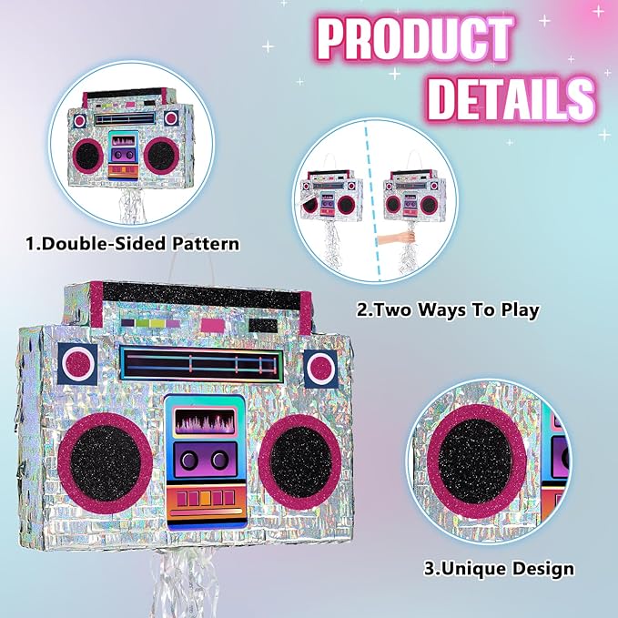 WERNNSAI Music Player Piñata - 80s and 90s Theme Party Decorations Piñata Bundle with Blindfold and Bat Music Piñata for Adults Kids Birthday Hip Hop Theme Party(12.5" x 16.5" x 3")