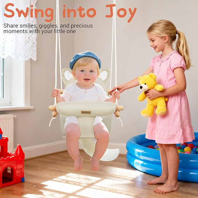 Wooden Hanging Baby Swing with Soft Safety Belt, Cozy Infant Swing Seat for Indoor & Outdoor Use, Adjustable Height, Includes Mounting Hardware – Suitable for Babies & Toddlers(Fox-Themed in Beige)