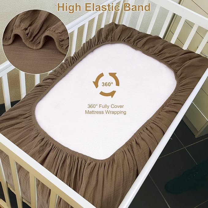 2 Pack Muslin Fitted Crib Sheets for Baby Girls & Boys-Neutral Breathable Crib Mattress Protector for Standard Crib Mattress(28"x 52")-Soft No Slip Cotton Bedding-Taupe Brown & Light Beige
