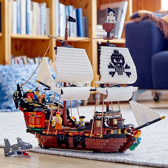 LEGO Creator 3 in 1 Pirate Ship Building Set, Kids can Rebuild The Pirate Ship into an Inn or Skull Island, Features 4 Minifigures and Shark Toy, Makes a Great Gift for Kids Ages 9+ Years Old, 31109