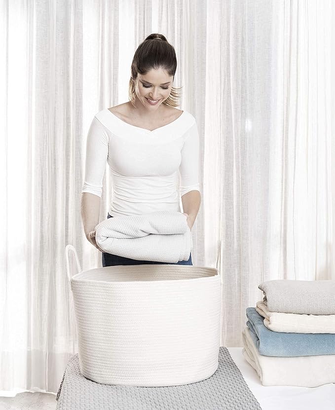 OrganiHaus Large Laundry Basket, Woven Cotton Rope Basket for Blankets, Toy Storage, Nursery Hamper, Living Room Decor Organizer, Soft & Durable Hamper with Handles, 20x13 inches - Off-White