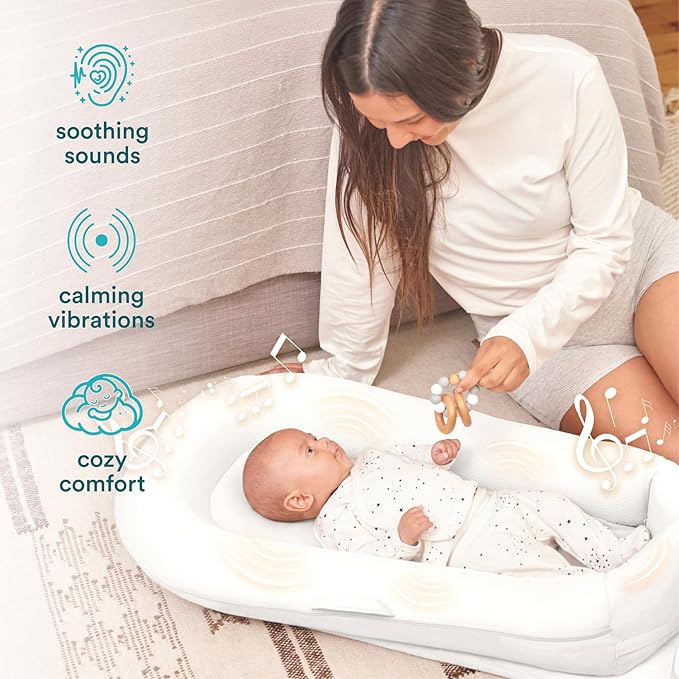 MyBaby 3-in-1 Calming Baby Cushion, Soothing Comfort for Newborns & Infants, Snuggling Sensation, Sound and Vibration, Designed for Safety, Rechargeable & Machine-Washable, by Homedics, White