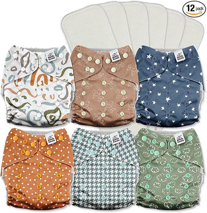 Mama Koala 3.0 Cloth Diapers for Babies with AWJ Lining, 6 Pack with 6 5-Layer Natural Cloth Diaper Inserts - Reusable and Washable Pocket Diapers(A-Full of Hope)
