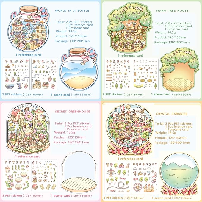 DIY 3D Sticker Scene，8 Sets Pack（500+）, Reusable Sticker Book, Cute Sets for Free Combination, Cute Waterproof for Anywhere, Crafts Party Favors Birthday Gift