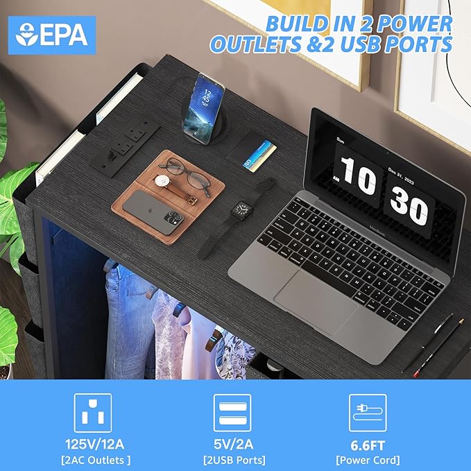 6 Drawer Dresser for Bedroom with Clothes Rack, Clothes Dresser with Side Pockets and Hooks, Charging Station & LED Lights, Wooden Top, Fabric Storage (Black)