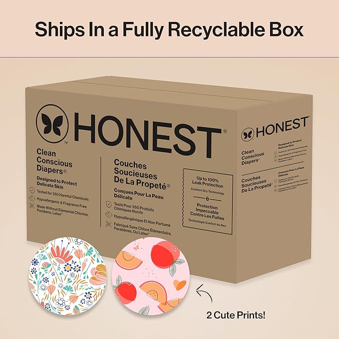 The Honest Company Clean Conscious Diapers for Delicate Skin | Up to 100% Leakproof | Hypoallergenic, Fragrance Free | Girl Prints | Super Club Box, Size 3 (16-28 lbs), 120 Count (Prints May Vary)