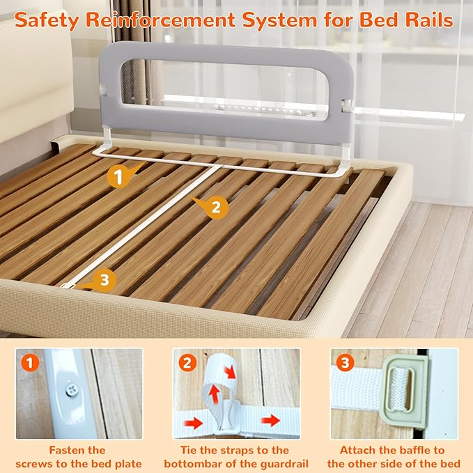 Bed Guard Rail for Toddlers - 32" Adjustable Heights & Folding up Portable Bed Railing for Baby - Toddler Bed Rails Guard for Crib, Twin, Bunk,Full Size, Queen & King Bed(Grey)
