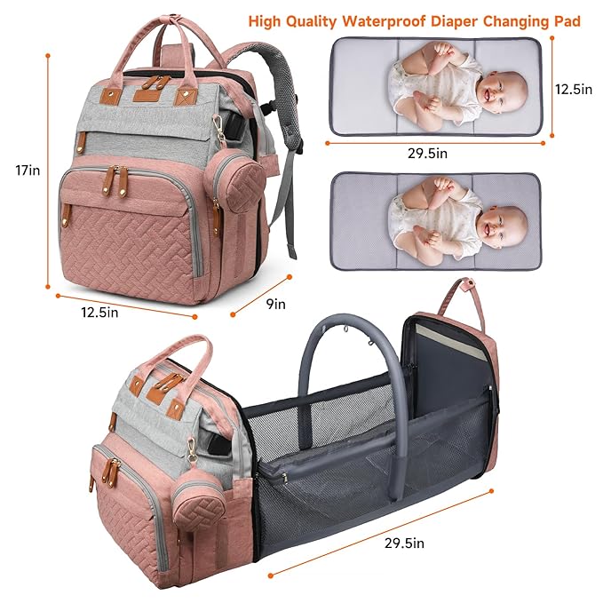 Diaper Bag Backpack Diaper Bag Multifunctional Waterproof Diaper Bag with Changing Station Travel Backpack with Changing Pad, Baby Baby Pacifier Case & Stroller Straps(PinkGrey)
