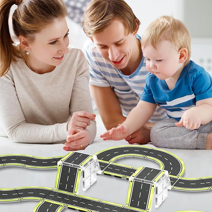 PicassoTiles Magnetic Building Tiles Car Track Magnet Vehicle Adventure Theme Printed Street Road Runway Speedway Highway Block Construction Expansion Add-on Education Learning Toys for Kids 3+ PTE16