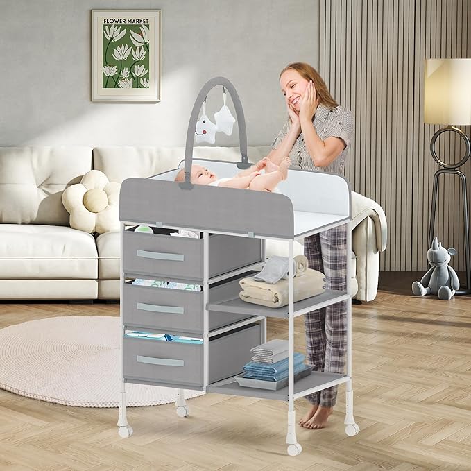 Baby Changing Table, Diaper Changing Table with Waterproof Pad, Portable Changing Table with 3 Storage Baskets and Toy, Mobile Nursery for Infant and Newborn