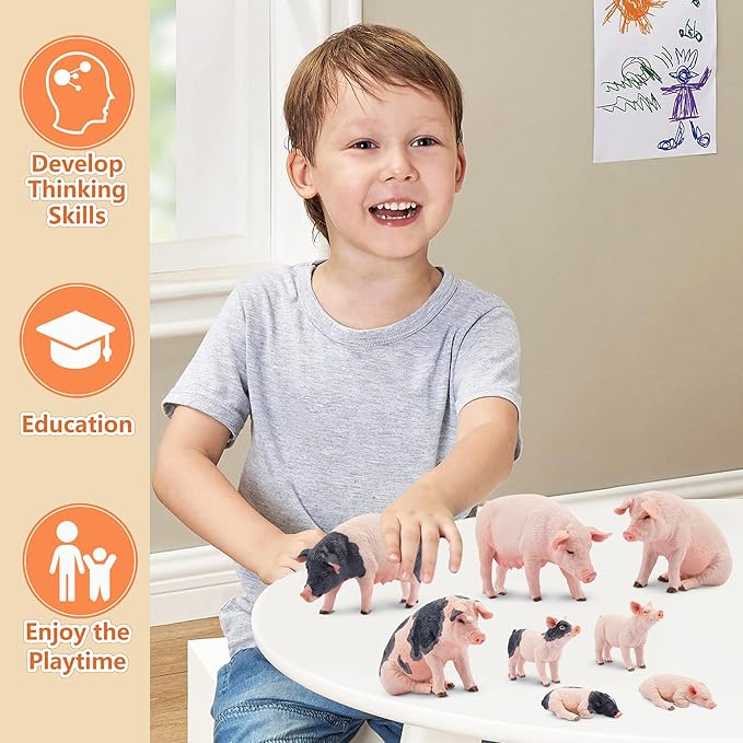 Toymany 8PCS Realistic Pig Figurines Set, Plastic Pig Figures Farm Animals Toys, Birthday Christmas Toy Gift for Kids Toddlers