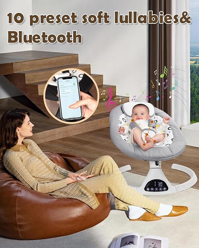 Electric Baby Swings for Infants to Toddler Baby Swing with 5-Speed 5-Point Carabiner,with Bluetooth Music 10-Preset Melodies Gray