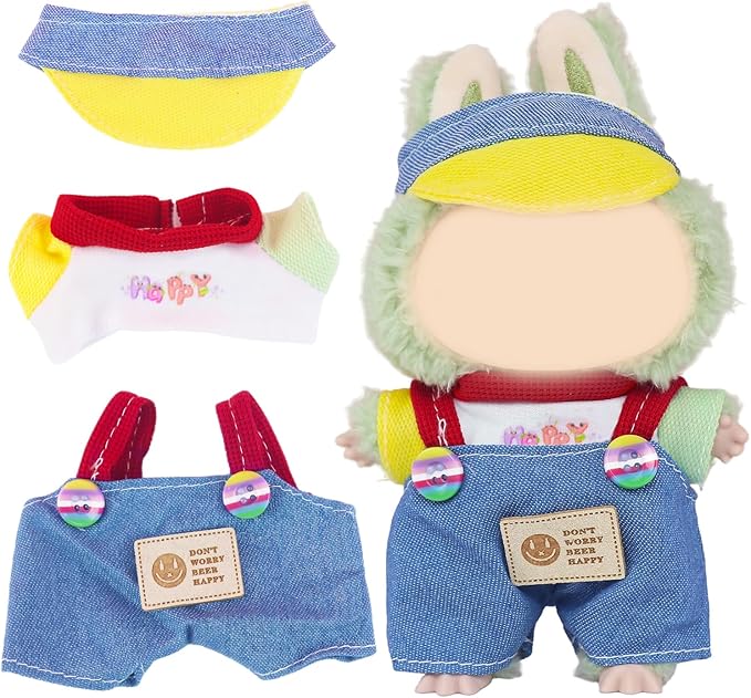 Adorable 3 Pcs Mini Doll Clothes Set – Hat, T-Shirt & Candy Bib Pants for 15cm/17cm Dolls – Vibrant Outfits & Accessories Fits 15cm Dolls (No Doll)