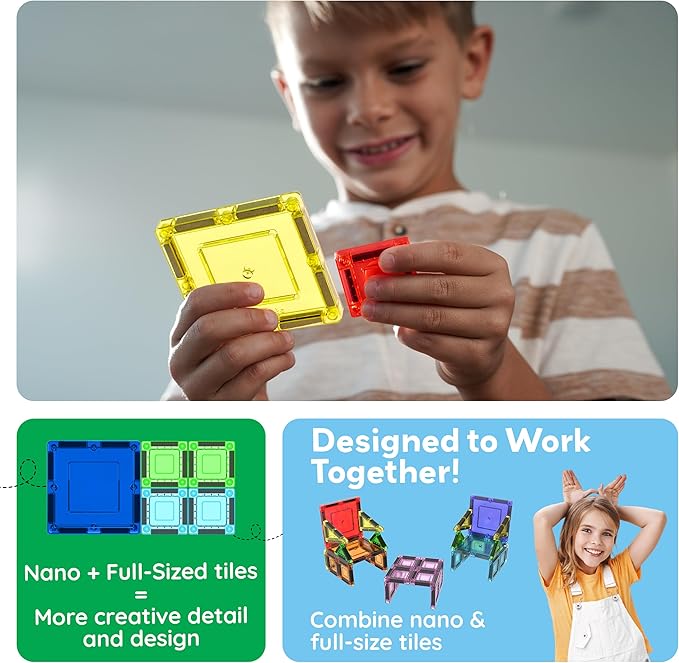 PicassoTiles 40pc Nano Mini Magnetic Tile Construction Building Blocks Travel Toy Set with Storage Case STEM Educational Fun Learning Magnet Tiles Stacking Toys for Toddlers Girls Boys Ages 3+ PN01