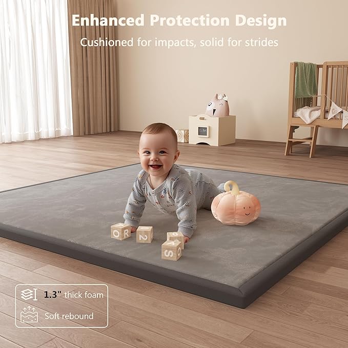 Baby Play Mat for Floor, 1.3'' Thick Memory Foam Tummy Time Mat - Super Soft Coral Velvet Nursery Rug with Non-Slip Backing, Crawling Rug for Toddlers/Infants, Yoga & Tatami Use, 59''x79''