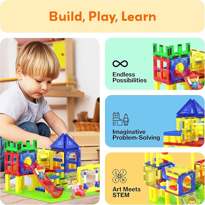 PicassoTiles Magnetic Tiles Slide & Swing Playground Building Block with 2 Character Action Figures Magnet Tile Construction Bricks Sensory Toys STEM Learning Educational Toy Kit Boy Girl Age 3+ PTQ30