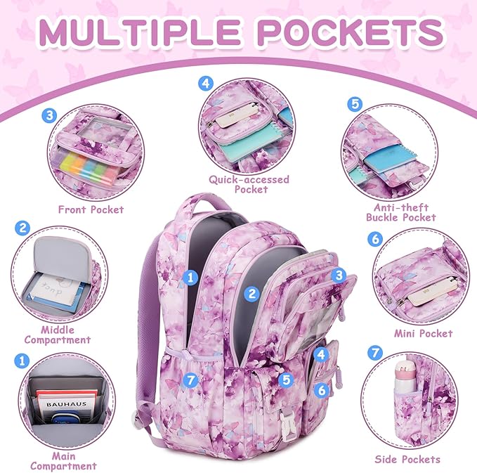 Kids Backpack for Girls School Bags for Middle School Students Book Bag for Elementary Primary Kawaii Ita Backpack, Purple Butterfly