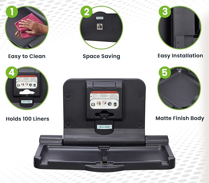 Alpine Wall Mounted Baby Changing Station 2 Pack - Horizontal Baby Changing Table Foldable Diaper Tables with Safety Strap for Commercial Bathroom, ADA Complaint (Hardware Included) Black