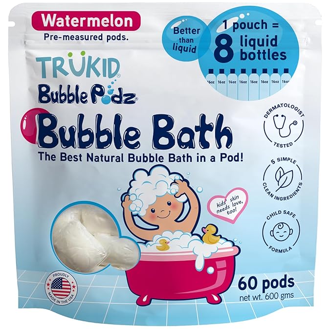TruKid Bubble Podz Bubble Bath for Kids, Toddlers, & Babies, Tear Free Gentle & Refreshing Bath Bomb for Sensitive Skin with Natural Moisturizers, Non-Toxic, pH Balanced, Watermelon Scent (60 Podz)