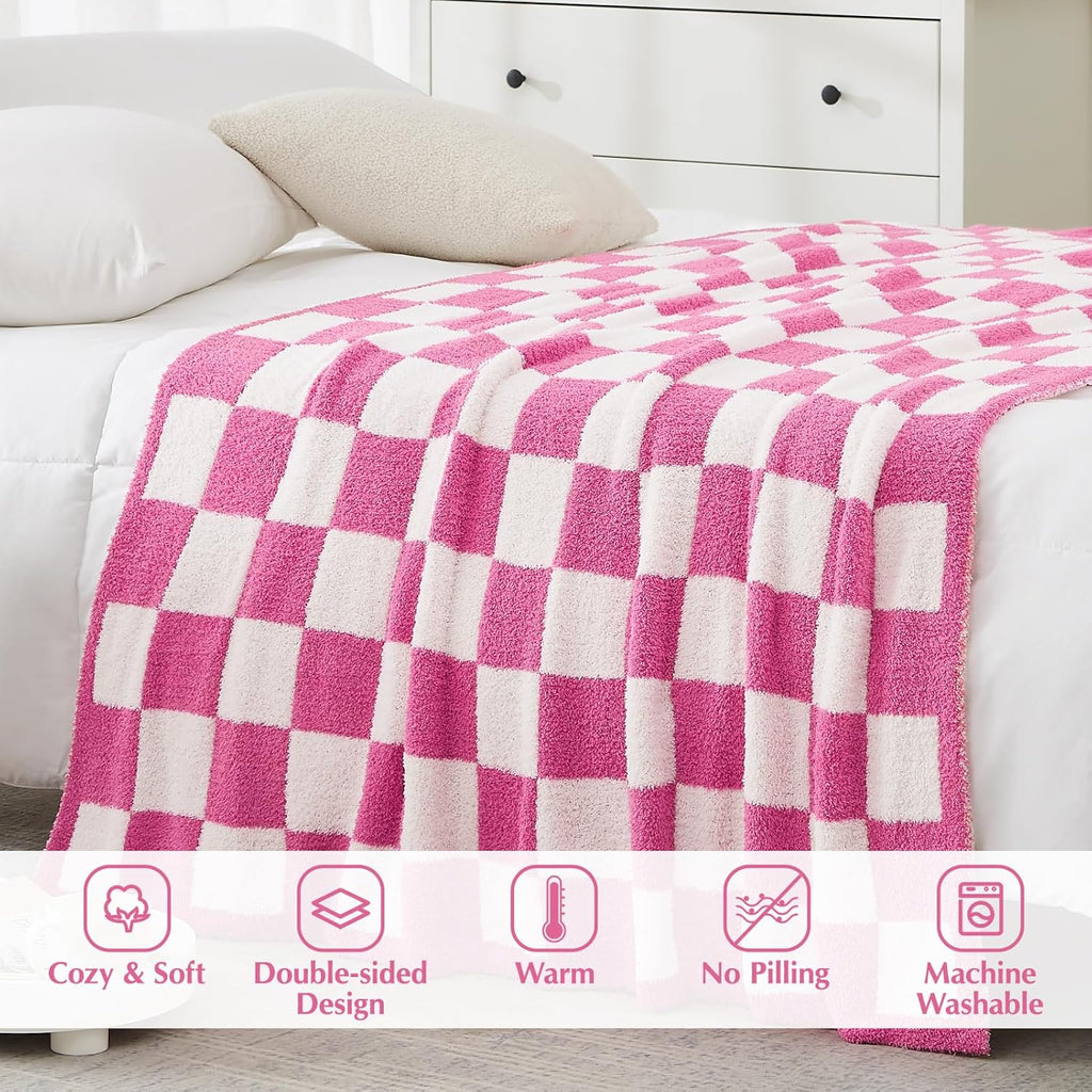 WRENSONGE Checkered Throw Blanket, Hot Pink Soft Cozy Fluffy Warm Hand Made Throw Blankets for Couch, Sofa, Chair, Bed, Camping, Picnic, Travel Lightweight Bed Blanket - 60"*80"