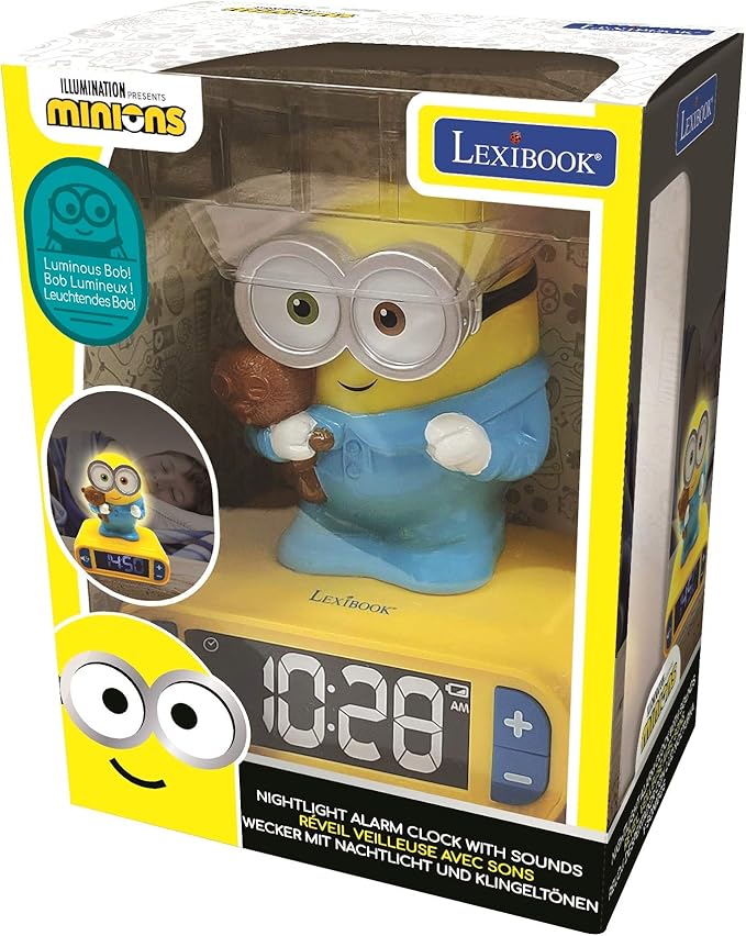 LEXiBOOK - Minions - Bob Digital Alarm Clock with Night Light - Snooze Function - Minions Sound Effects - for Children/Kids - Luminous Clock with Bob, Yellow/Blue - RL800DES