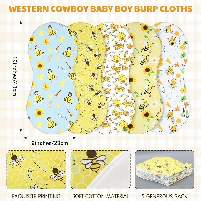 5 Pack Bee Pattern Baby Burp Cloths Soft Absorbent Burping Rags for Newborns 19"x9" Spit up Cloths for Boy Girl Newborn Baby Shower Registry Gifts Set Nursery Decor
