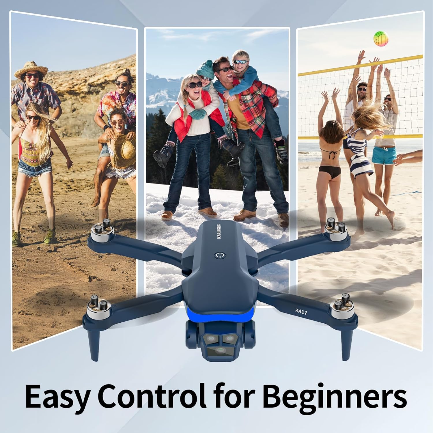 K417 Drone with 2 Cameras 1080P HD 90°Electric Adjustable FPV Drone Transmission,Blue LED Light Foldable Lightweight Remote Control Optical Flow Positioning Altitude Hold 3D Flip,for Adults Beginner