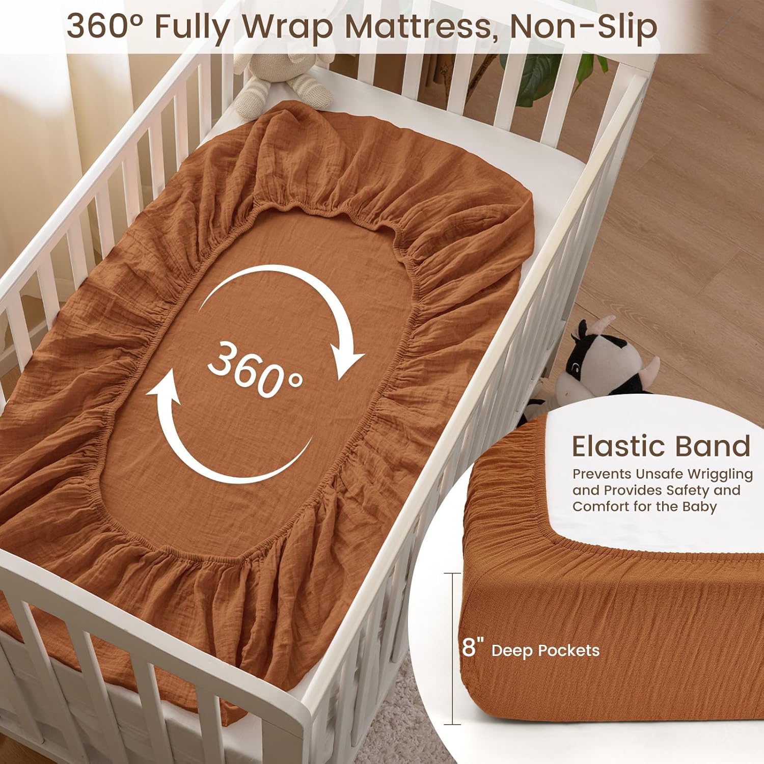 david's kids Muslin Crib Sheets for Boys Girls, 2 Pack 100% Cotton Soft Breathable Fitted Baby Sheet Set, 28x52 Inch Fits Standard Crib and Toddler Mattresses, Brown & Grey