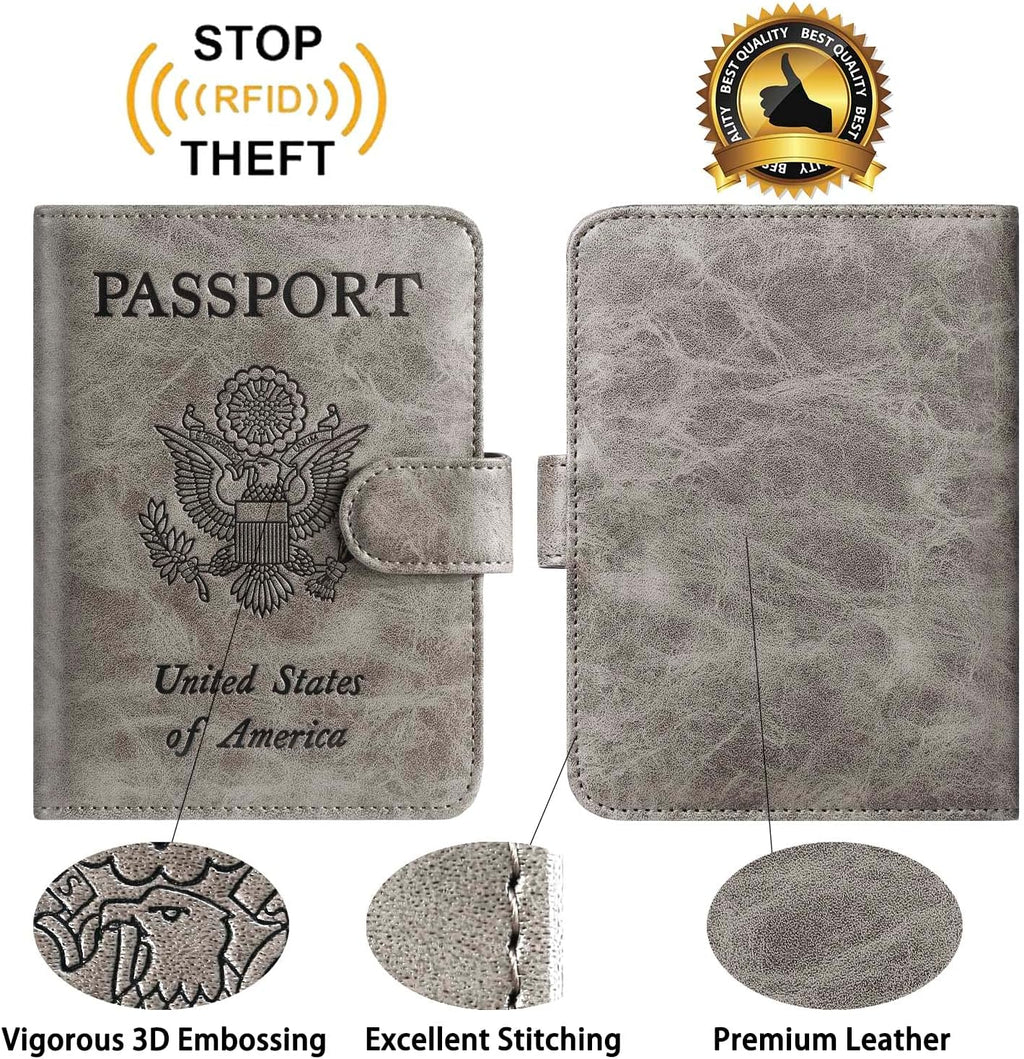 Passport Holder With Luggage Tag Cover Wallet RFID Blocking Leather Case Travel Essentials Accessories Travel Must Have(114#Grey)