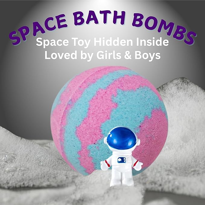EvolutionUSA 1pc Space Bath Bomb for Boys & Girls, Planet Bath Ball with Toy Hidden Inside, Organic Hypoallerganic Childrens Bathbomb, Cosmic Fun Space Surprise, Gift Set Birthday, Christmas, Easter