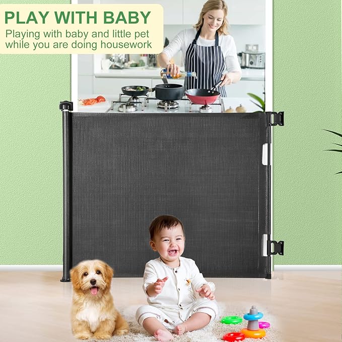 Retractable Baby Gate, Extra Wide Safety Kids or Pets Gate, 33” Tall, Extends to 55” Wide, Mesh Safety Dog Gate for Stairs, Indoor, Outdoor, Doorways, Hallways(33”x55”- Black)