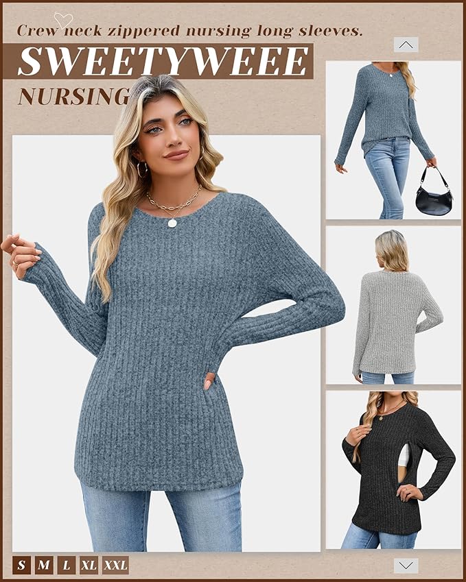 3 Pack Women's Nursing Long Sleeve Tops Breastfeeding Thermal Sweaters with Hidden Zipper Maternity Ribbed Shirts