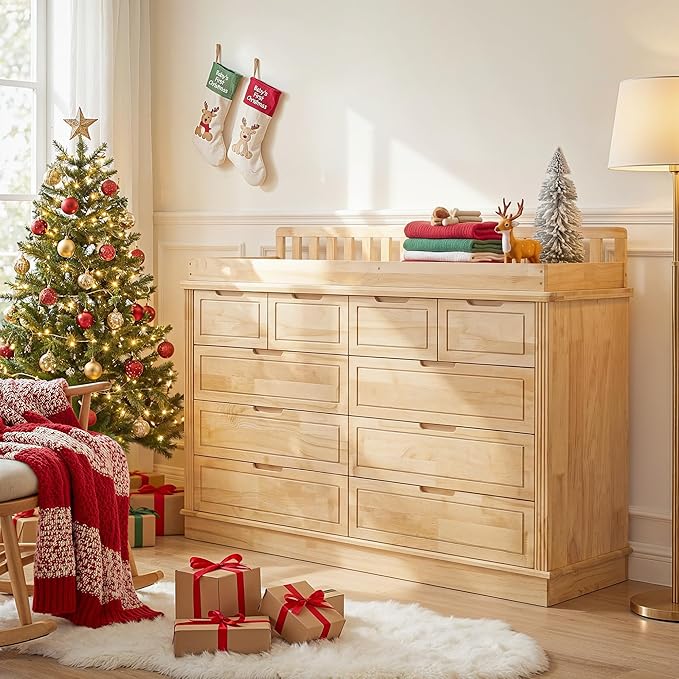 Homsee Baby Changing Table Dresser, 100% Solid Wood Infant Diaper Changing Station Combo, 10-Drawer Baby Nursery Dresser with Removable Tray for Children's Room Bedroom, Nature Color